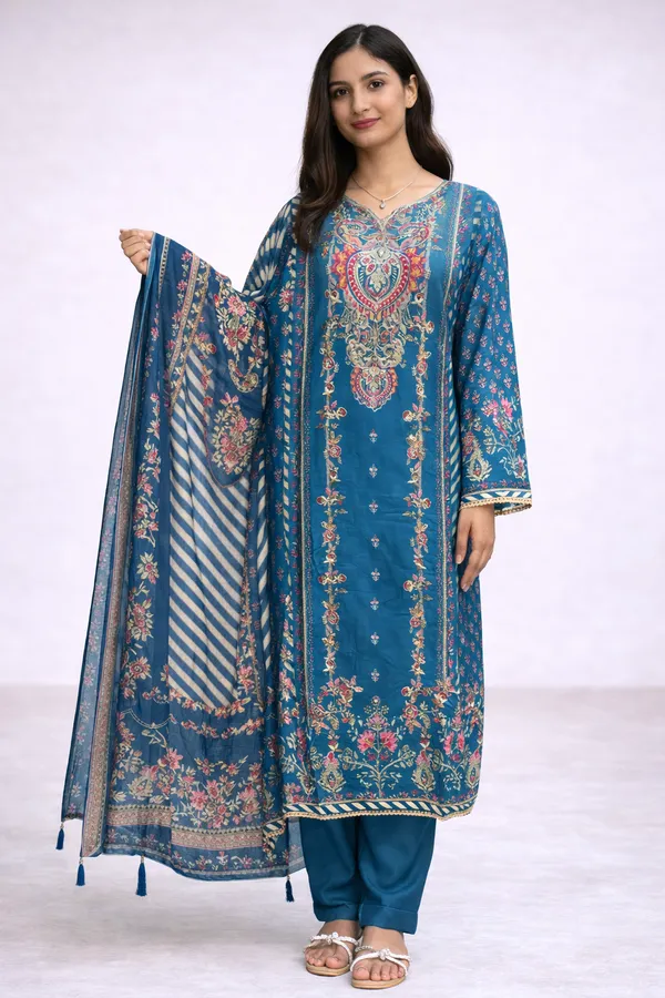 Multicolor_Premium_Pure_Muslin_Kurti_With_Pant_And_Dupatta_Set_For_Women