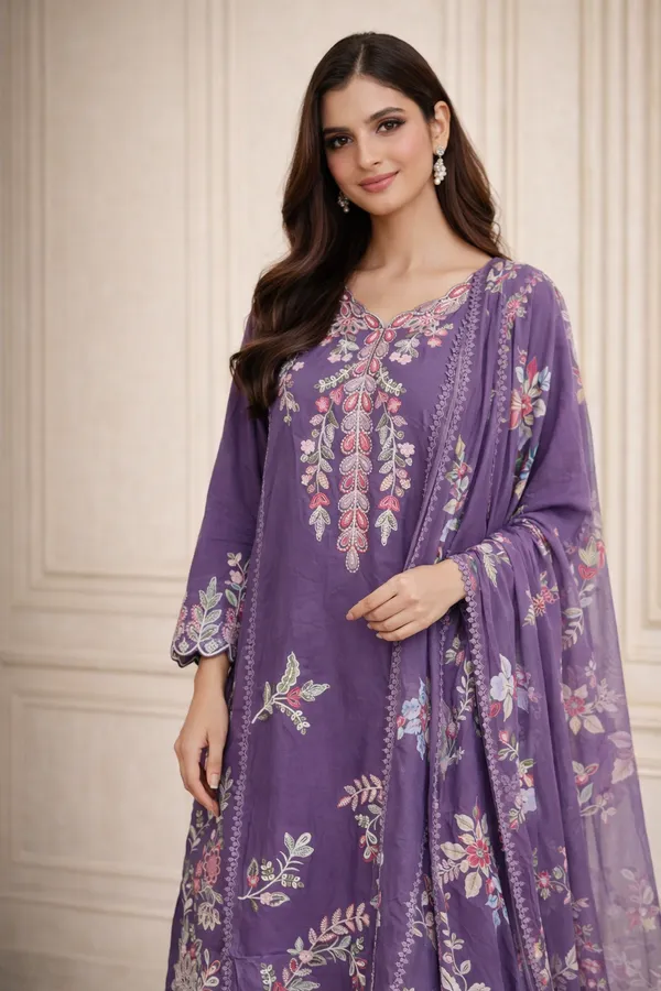 Purple_Premium_Cotton_Kurti_With_Pant_And_Dupatta_Set_For_Women