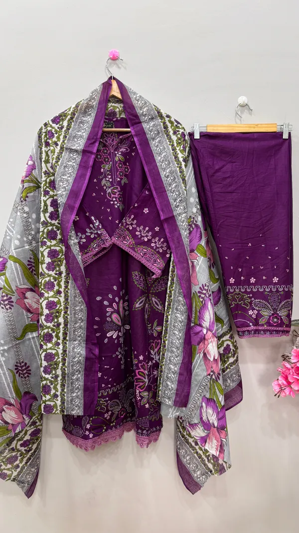 Purple_Premium_Cotton_Kurti_With_Pant_And_Dupatta_Set_For_Women