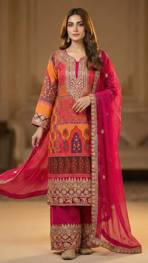 Multicolor_Premium_Polyester_Kurti_With_Pant_And_Dupatta_Set_For_Women