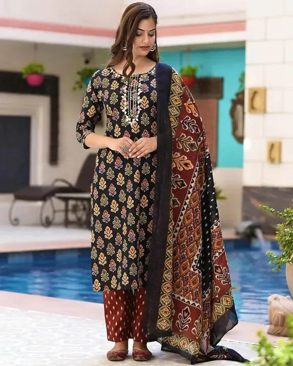 Red_And_Black_Pure_Cotton_Kurti_Pant_Dupatta_Set_For_Women