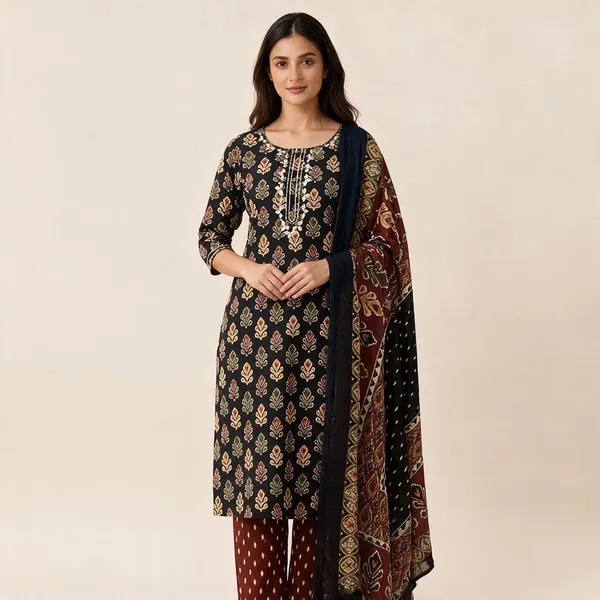 Red_And_Black_Premium_Cotton_Kurti_With_Pant_And_Dupatta_Set_For_Women