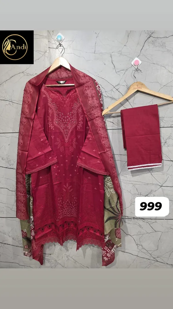 Red_Premium_Cotton_Kurti_With_Pant_And_Dupatta_Set_For_Women