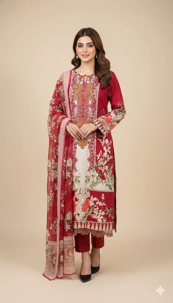 Red_Premium_Cotton_Kurti_With_Pant_And_Dupatta_Set_For_Women
