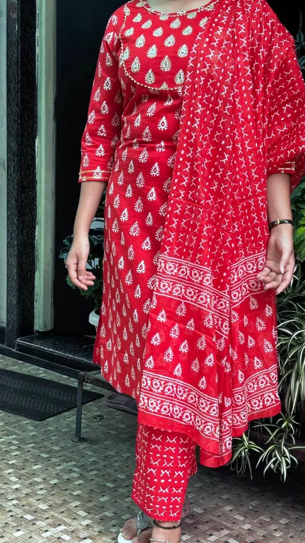 Red_Premium_Cotton_Kurti_With_Pant_And_Dupatta_Set_For_Women