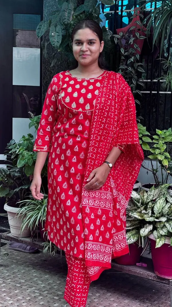 Red_Premium_Cotton_Kurti_With_Pant_And_Dupatta_Set_For_Women