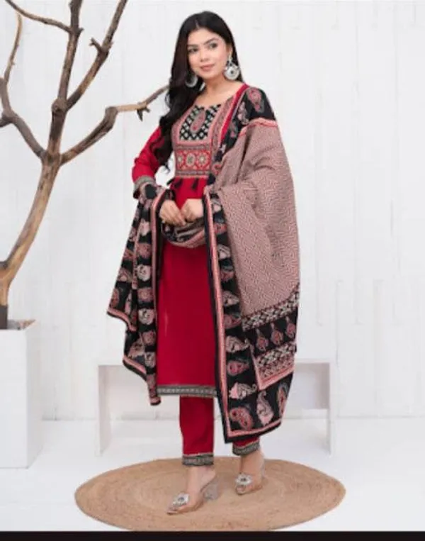 Red_Premium_Cotton_Kurti_With_Pant_And_Dupatta_Set_For_Women