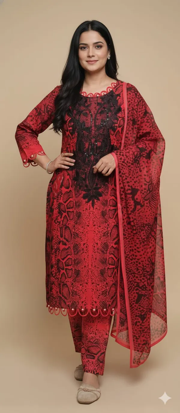 Red_Premium_Cotton_Kurti_With_Pant_And_Dupatta_Set_For_Women