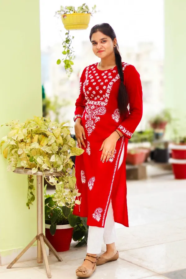 Red_Pure_Cotton_Chikankari_Hand_Embroidered_Kurta_For_Women