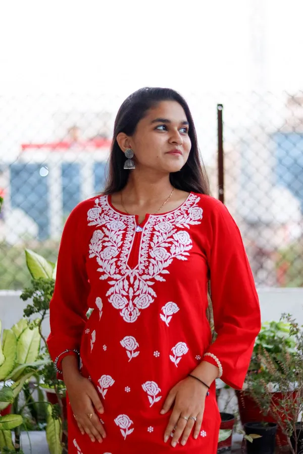 Red_Premium_Rayon_Chikankari_Kurti_For_Women