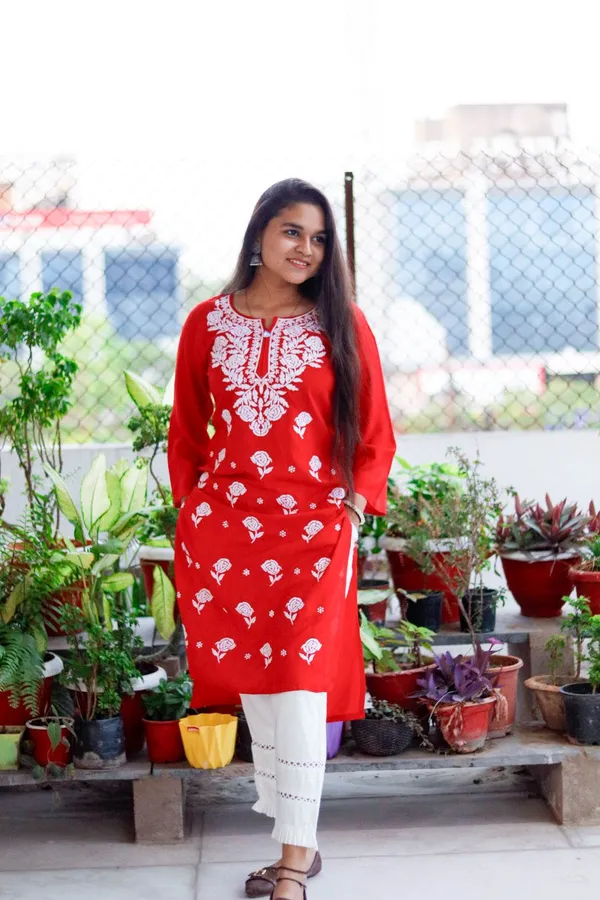 Red_Premium_Rayon_Chikankari_Kurti_For_Women