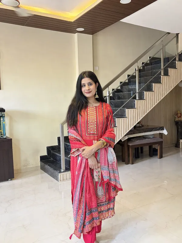 Red_Premium_Pure_Muslin_Kurti_With_Pant_And_Dupatta_Set_For_Women
