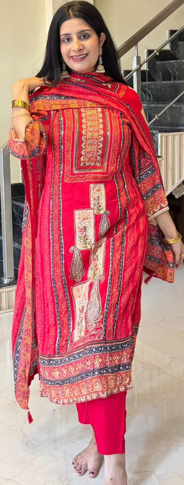 Red_Premium_Pure_Muslin_Kurti_With_Pant_And_Dupatta_Set_For_Women