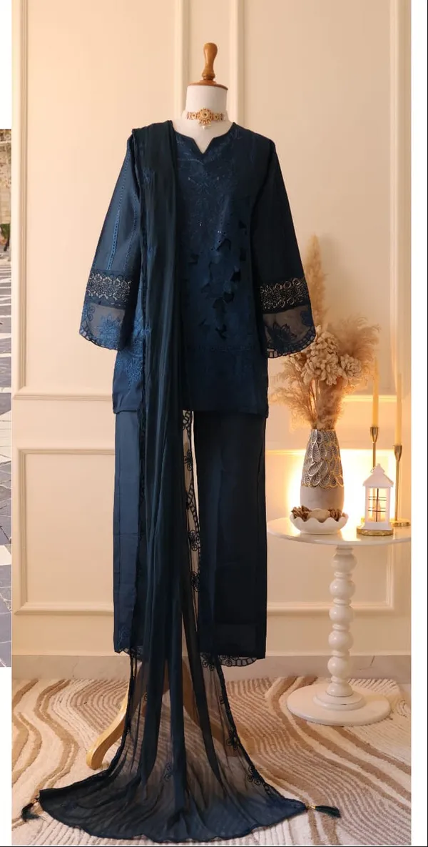 Blue_Premium_Satin_Kurti_With_Pant_And_Dupatta_Set_For_Women