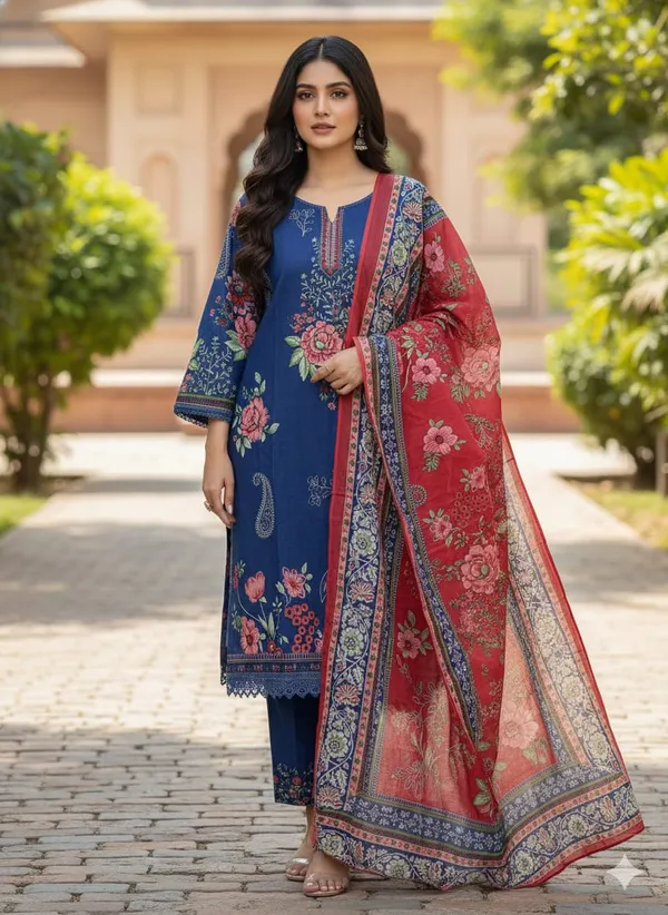 Royal_Blue_Premium_Cotton_Kurti_With_Pant_And_Dupatta_Set_For_Women