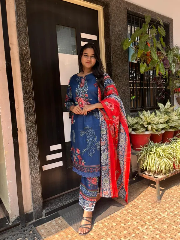 Royal_Blue_Premium_Cotton_Kurti_With_Pant_And_Dupatta_Set_For_Women