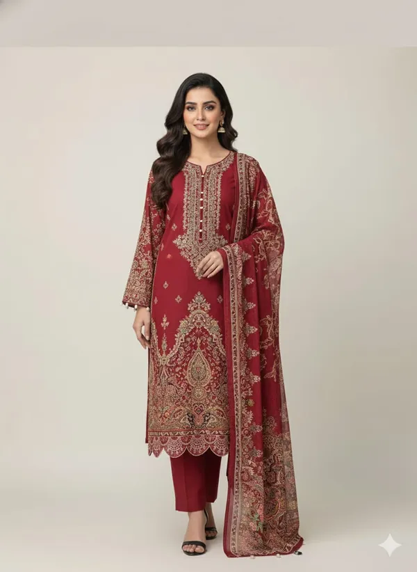 Ruby_Red_Premium_Cotton_Kurti_With_Pant_And_Dupatta_Set_For_Women