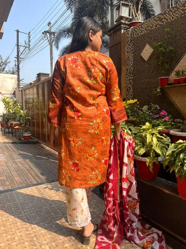 Rust_Premium_Cotton_Kurti_With_Pant_And_Dupatta_Set_For_Women