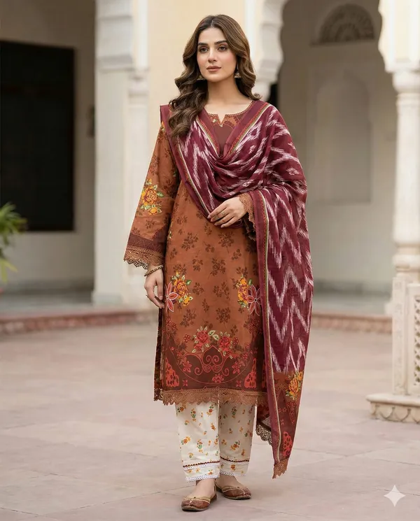 Rust_Premium_Cotton_Kurti_With_Pant_And_Dupatta_Set_For_Women