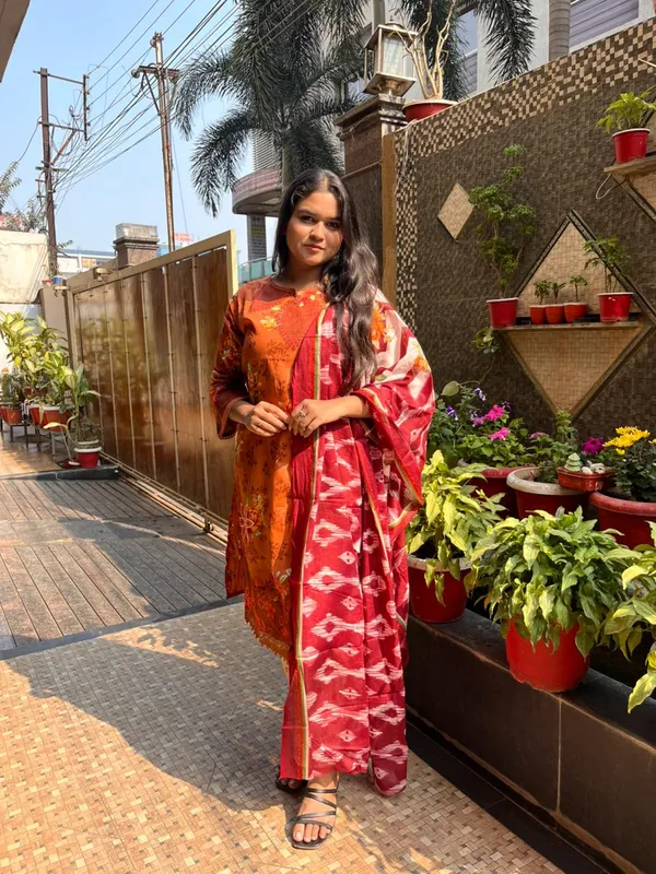 Rust_Premium_Cotton_Kurti_With_Pant_And_Dupatta_Set_For_Women