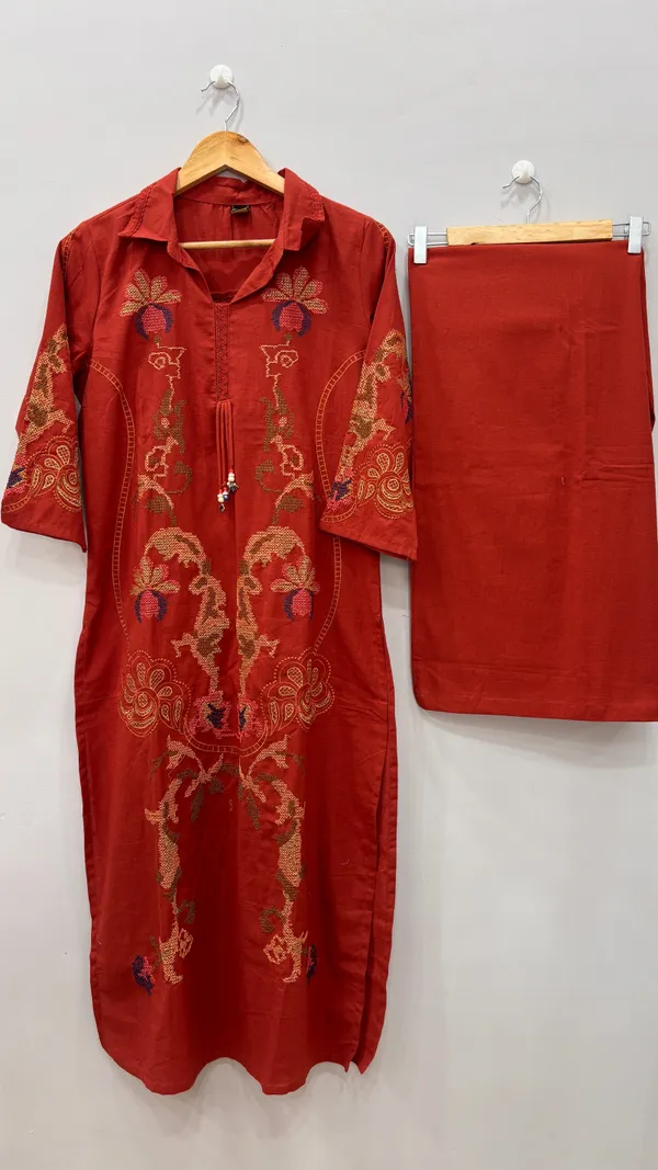 Rust_Premium_Rayon_Kurti_With_Pant_And_Dupatta_Set_For_Women