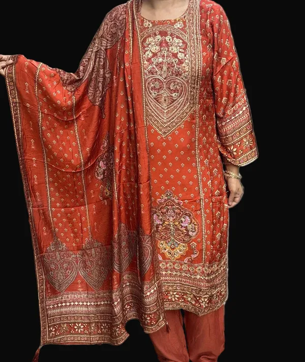 Rust_And_Orange_Premium_Pure_Muslin_Kurti_With_Pant_And_Dupatta_Set_For_Women