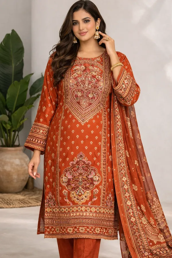 Rust_And_Orange_Premium_Pure_Muslin_Kurti_With_Pant_And_Dupatta_Set_For_Women
