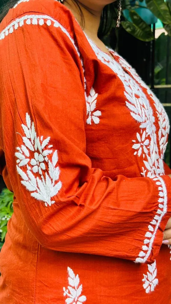 Rust_Orange_with_White_Thread_chikankari_Kurti_Pant