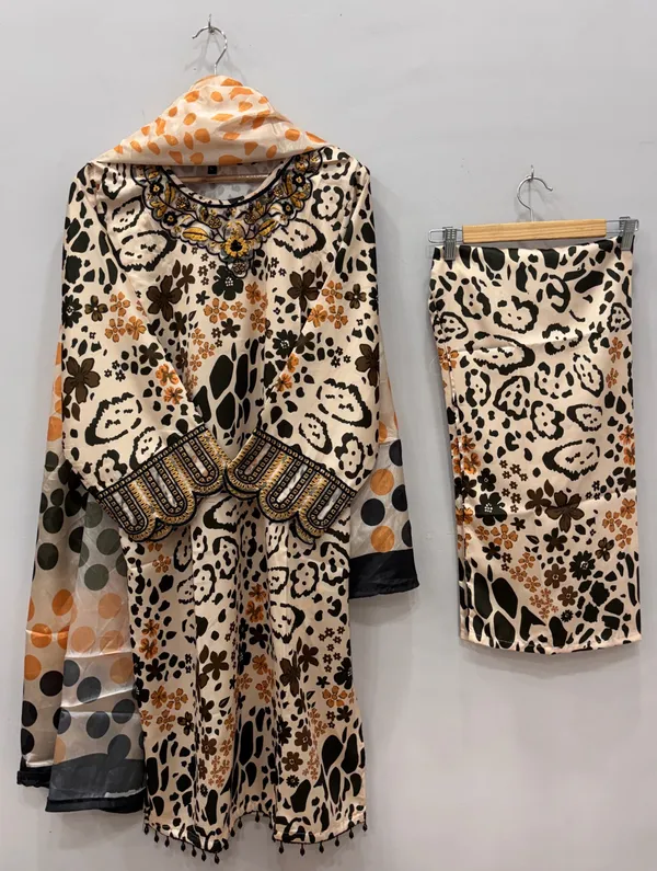 Golden_Premium_Satin_Kurti_With_Pant_And_Dupatta_Set_For_Women