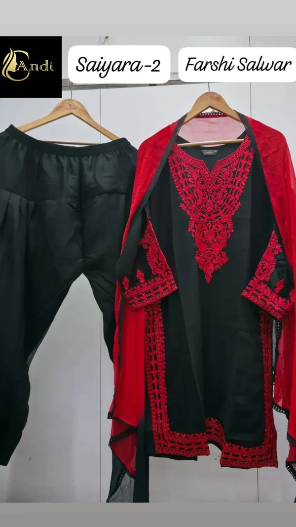 Red_And_Black_Premium_Georgette_Kurti_With_Pant_And_Dupatta_Set_For_Women