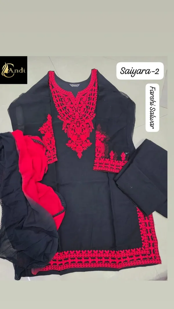 Red_And_Black_Premium_Georgette_Kurti_With_Pant_And_Dupatta_Set_For_Women