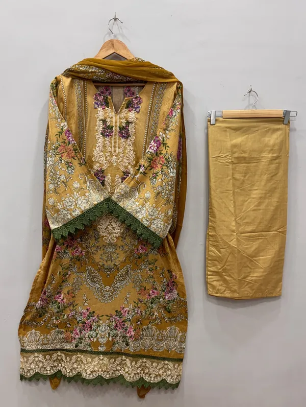 Golden_Premium_Cotton_Kurti_With_Pant_And_Dupatta_Set_For_Women