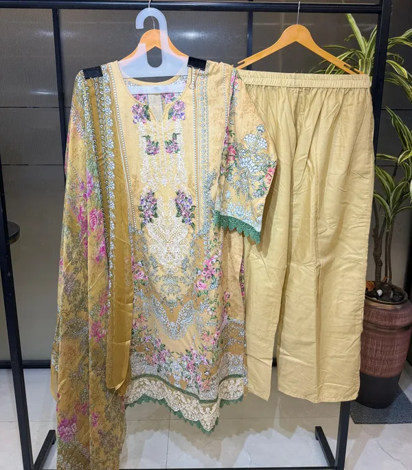 Golden_Premium_Cotton_Kurti_With_Pant_And_Dupatta_Set_For_Women