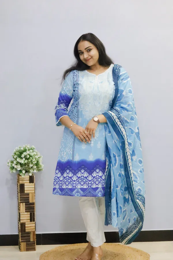 Sky_Blue_Premium_Cotton_Kurti_With_Pant_And_Dupatta_Set_For_Women