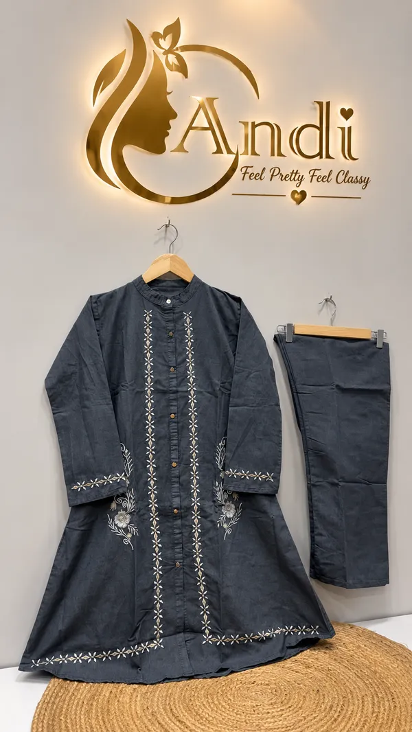 Charcoal_Grey_Embroidered_Denim_Kurti_Pant_Set
