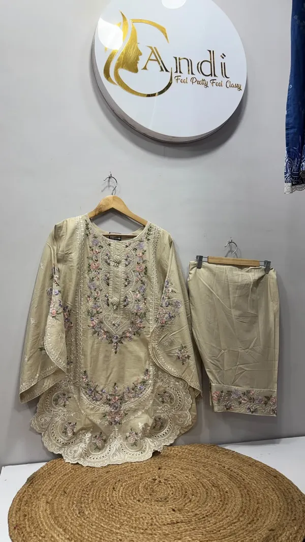 :_Beige_Bloom_Embroidered_Suit_Set