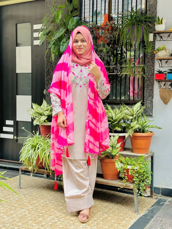 Beige_And_Pink_Premium_Silk_Kurti_With_Pant_And_Dupatta_Set_For_Women