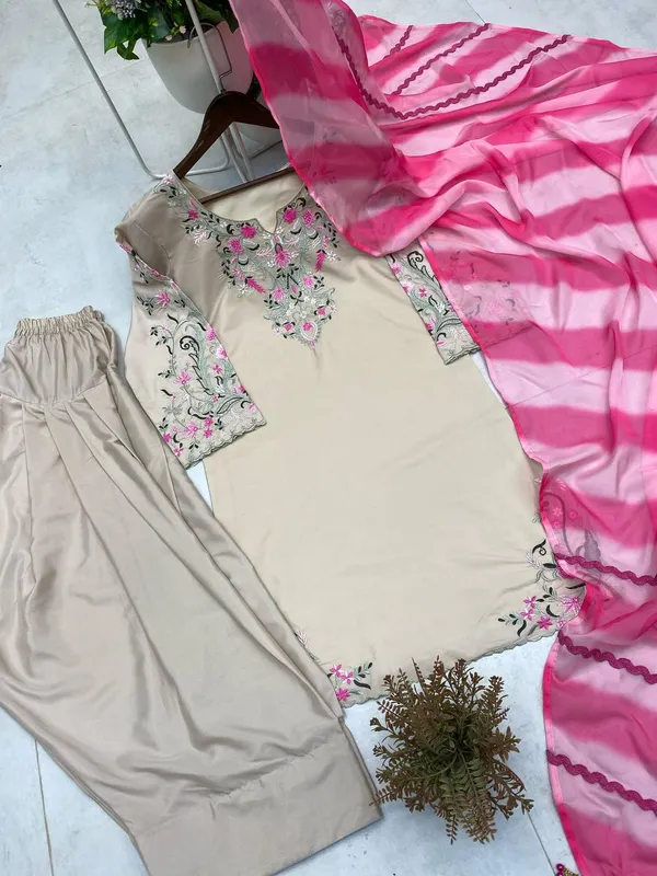 Beige_And_Pink_Premium_Silk_Kurti_With_Pant_And_Dupatta_Set_For_Women