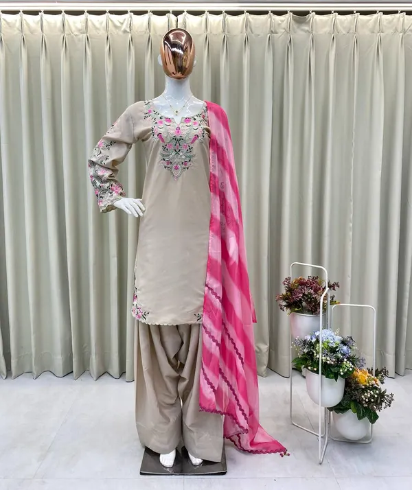 Beige_And_Pink_Premium_Silk_Kurti_With_Pant_And_Dupatta_Set_For_Women