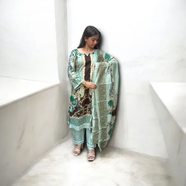 Pista_Green_And_Multicolor_Premium_Cotton_Kurti_With_Pant_And_Dupatta_Set_For_Women