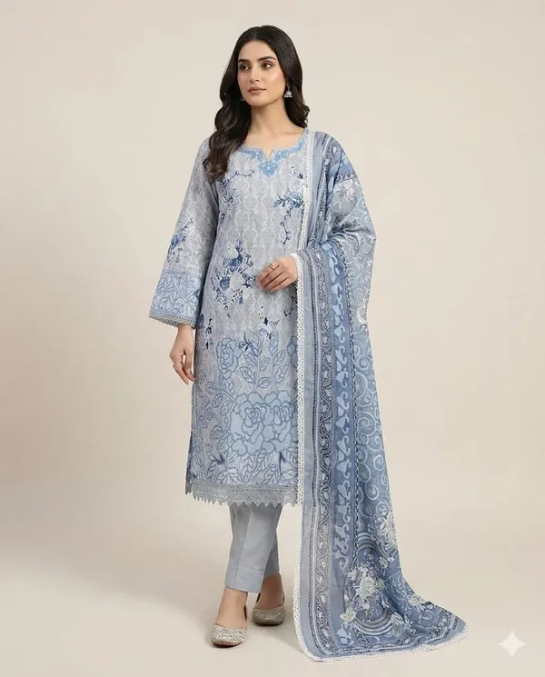 Steel_Blue_Premium_Cotton_Kurti_With_Pant_And_Dupatta_Set_For_Women