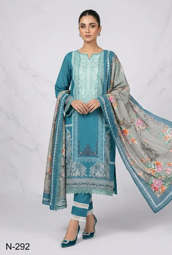 Teal_And_Green_Premium_Cotton_Kurti_With_Pant_And_Dupatta_Set_For_Women
