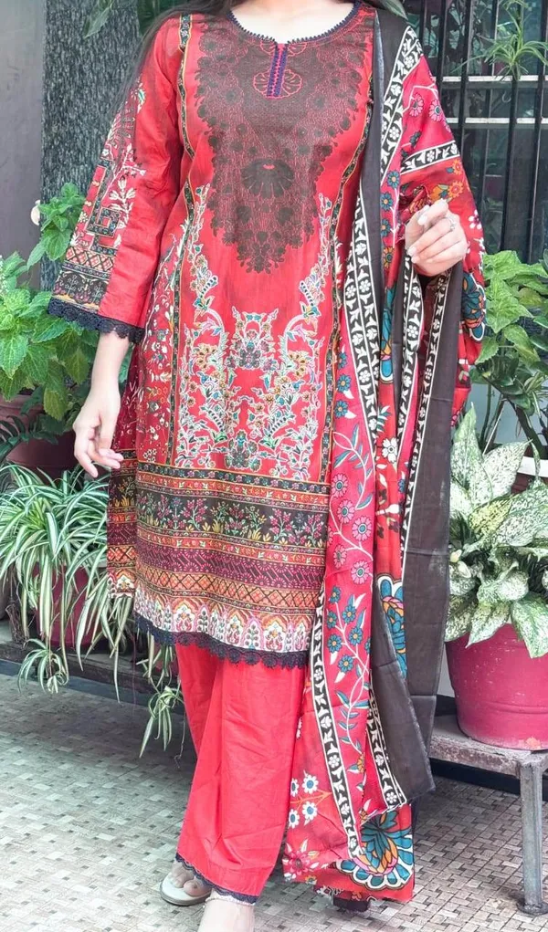 Red_Premium_Cotton_Kurti_With_Pant_And_Dupatta_Set_For_Women