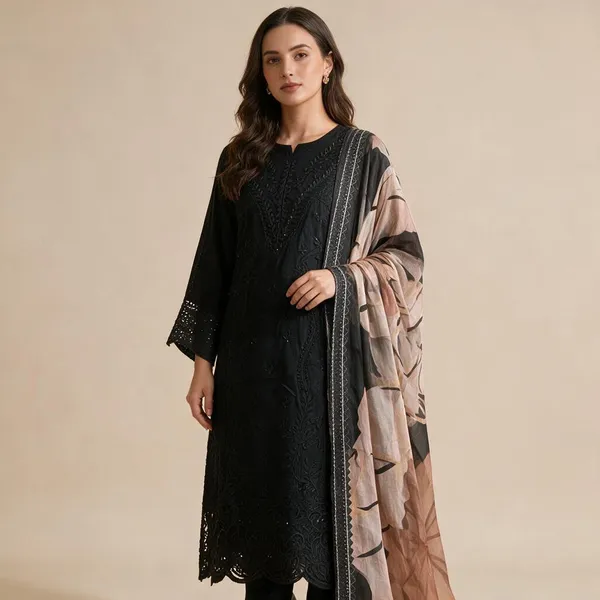 Black_Premium_Cotton_Kurti_With_Pant_And_Dupatta_Set_For_Women