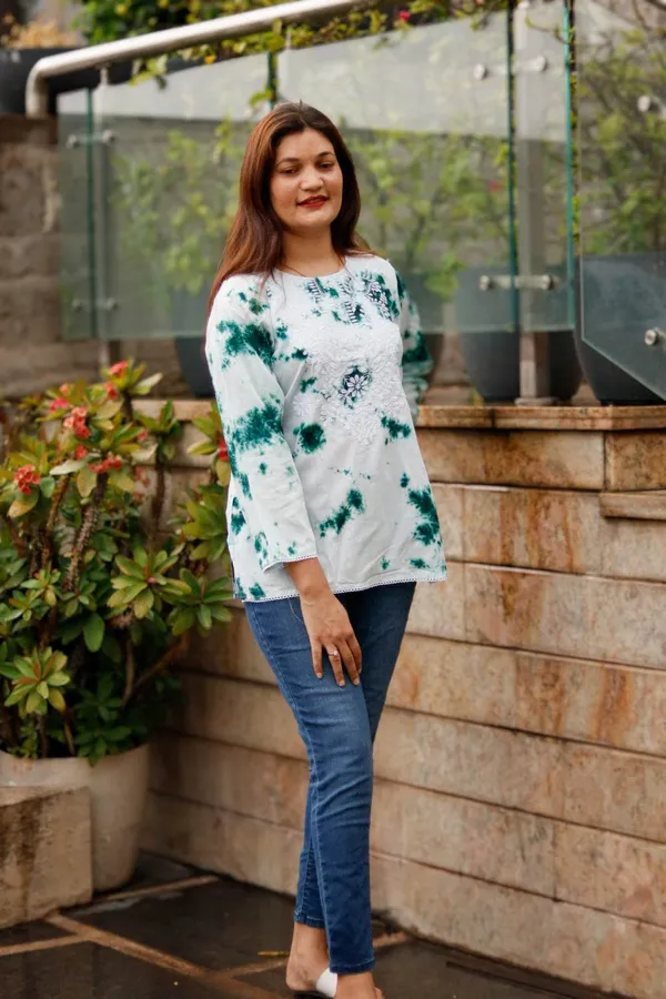 White_And_Green_Premium_Polyester_Top_For_Women