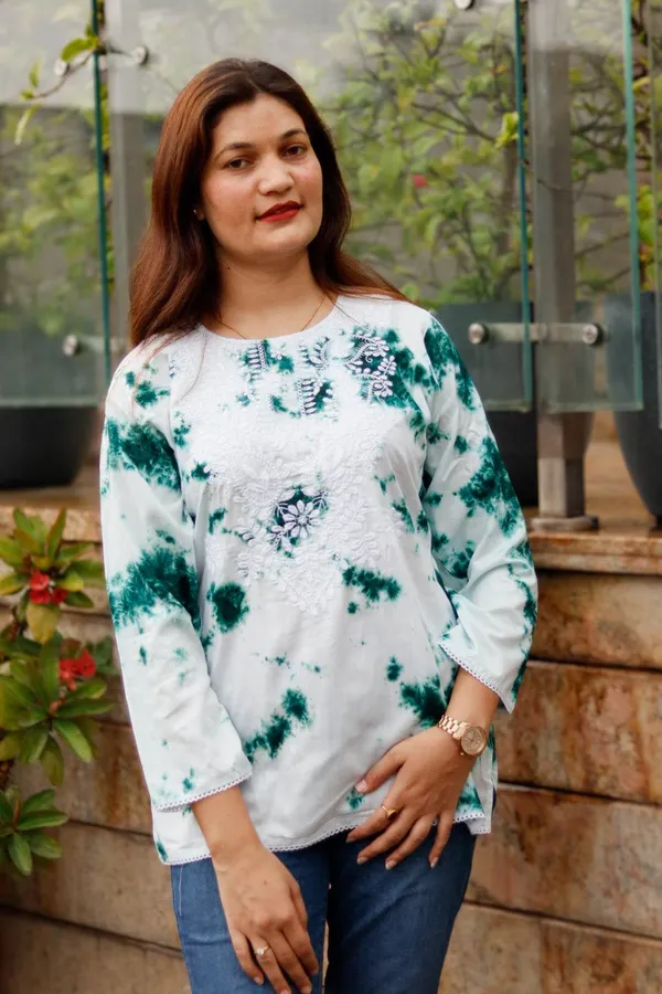 White_And_Green_Premium_Polyester_Top_For_Women