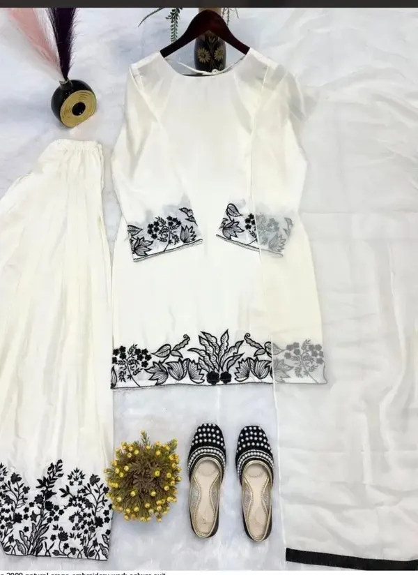 White_And_Black_Premium_Cotton_Kurti_With_Pant_And_Dupatta_Set_For_Women