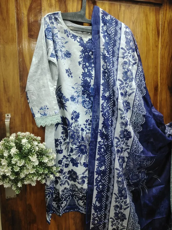 White_Blue_Digital_Print_Kurti_Pant_Dupatta_Set