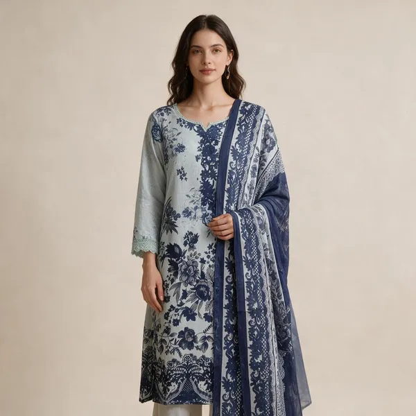 White_And_Blue_Premium_Cotton_Kurti_With_Pant_And_Dupatta_Set_For_Women