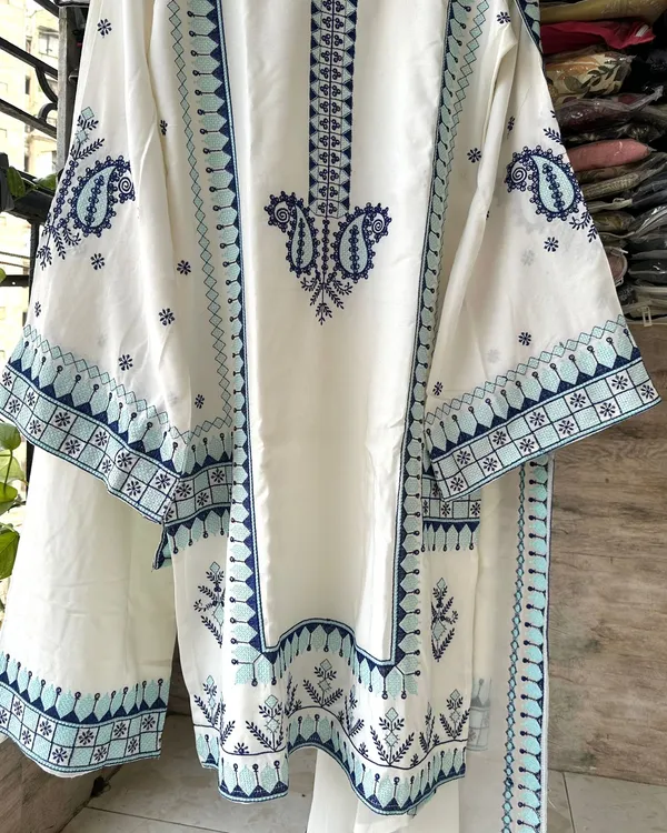 White_And_Blue_Premium_Cotton_Kurti_With_Pant_And_Dupatta_Set_For_Women